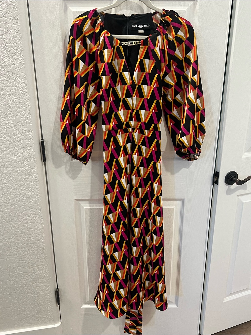 Karl Lagerfeld Paris Black Geometric Maxi Dress with Pink/Gold Details - Size 8